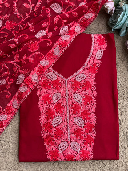 Deep Crimson Modal Cotton Kashmiri Embroidered Suit Full