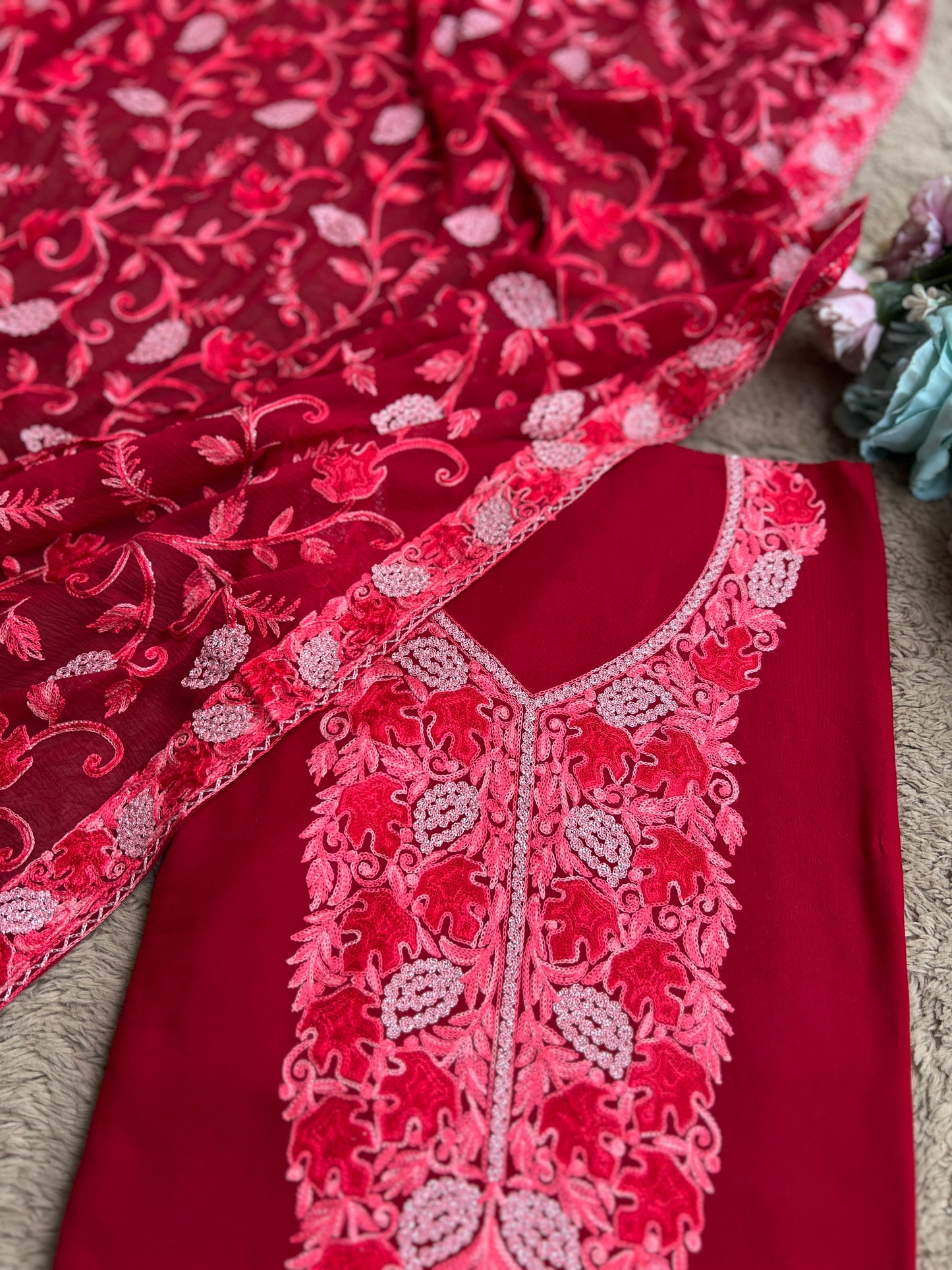 Deep Crimson Modal Cotton Kashmiri Embroidered Suit Full