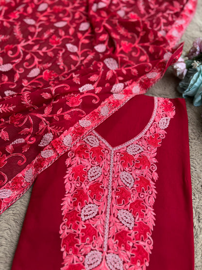 Deep Crimson Modal Cotton Kashmiri Embroidered Suit Full