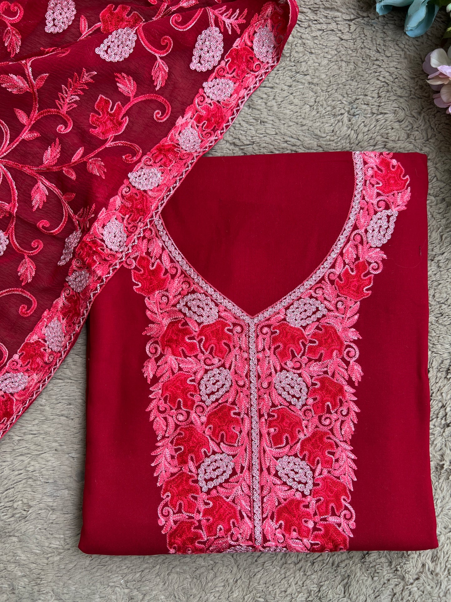 Deep Crimson Modal Cotton Kashmiri Embroidered Suit Full