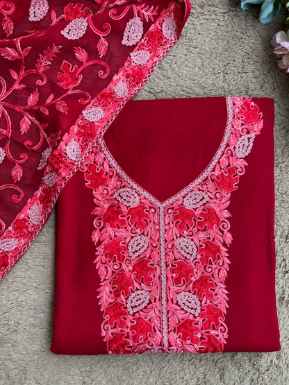 Deep Crimson Modal Cotton Kashmiri Embroidered Suit Full