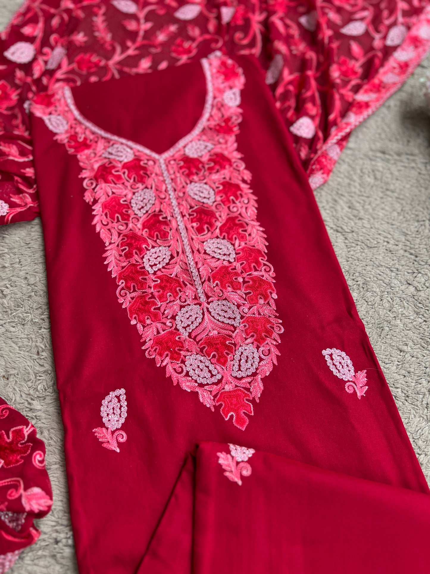 Deep Crimson Modal Cotton Kashmiri Embroidered Suit Full