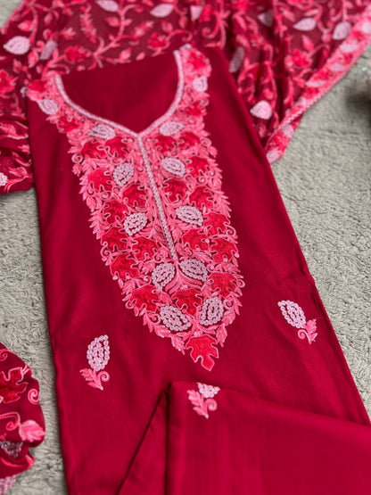 Deep Crimson Modal Cotton Kashmiri Embroidered Suit Full