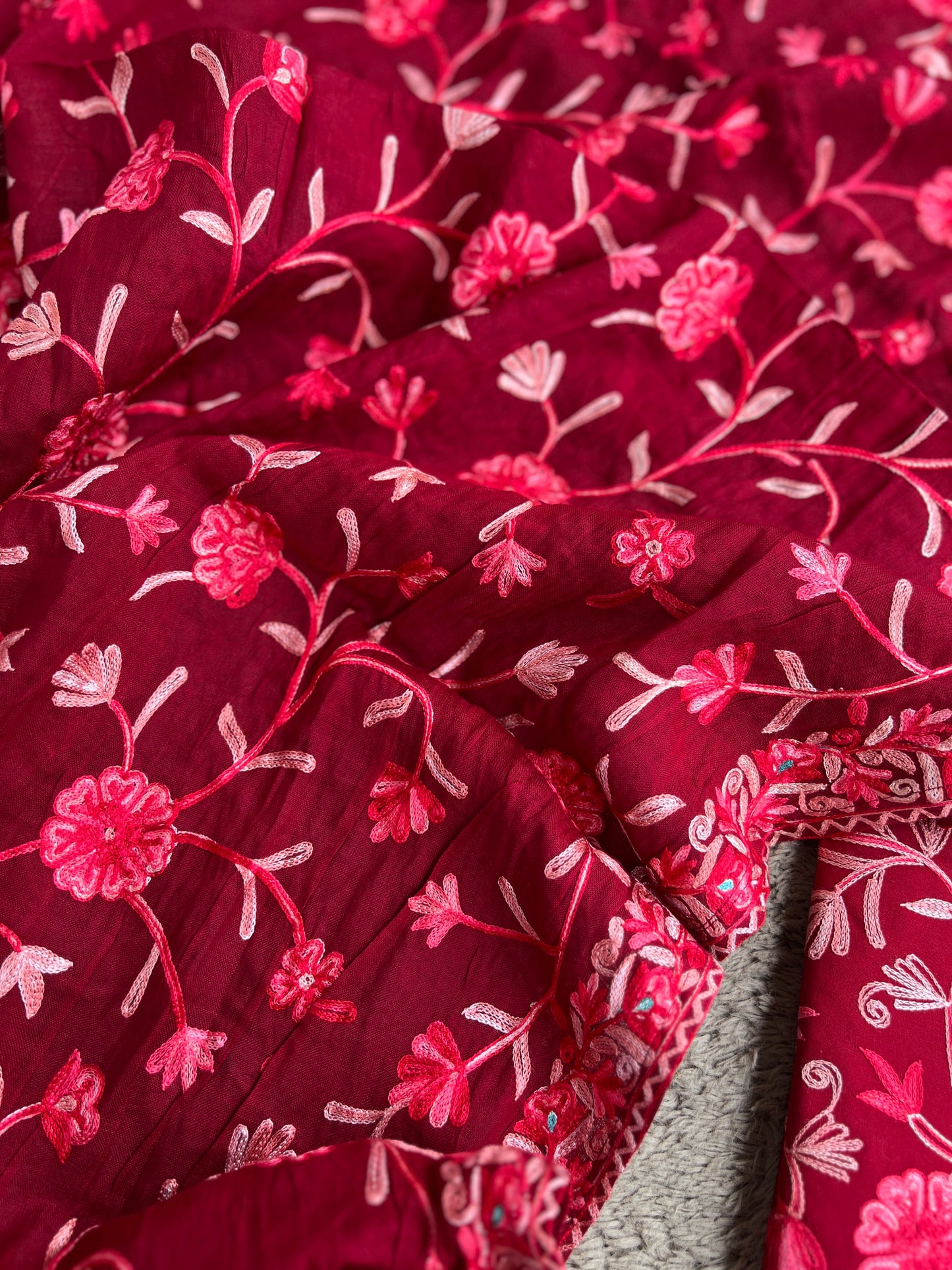 Deep Red Modal Cotton Kashmiri Embroidered Suit with Full Jaal Dupatta