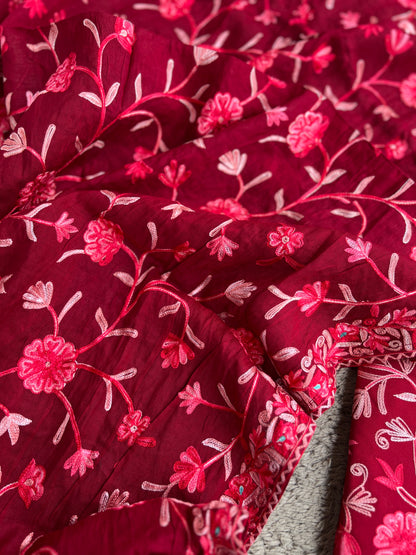 Deep Red Modal Cotton Kashmiri Embroidered Suit with Full Jaal Dupatta