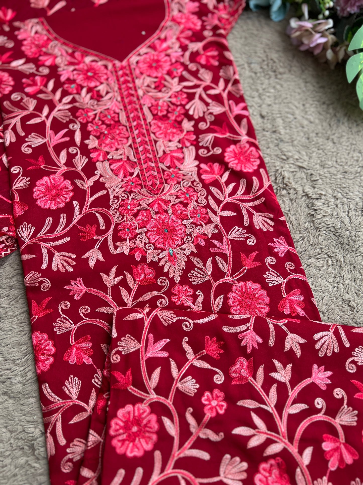 Deep Red Modal Cotton Kashmiri Embroidered Suit with Full Jaal Dupatta