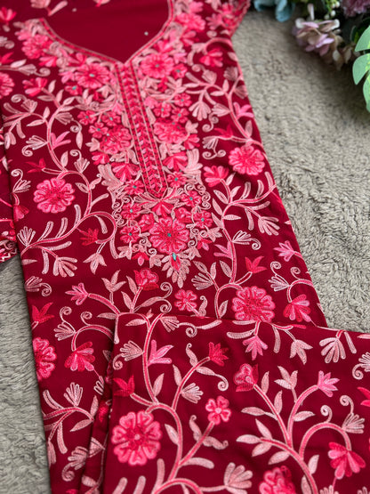 Deep Red Modal Cotton Kashmiri Embroidered Suit with Full Jaal Dupatta