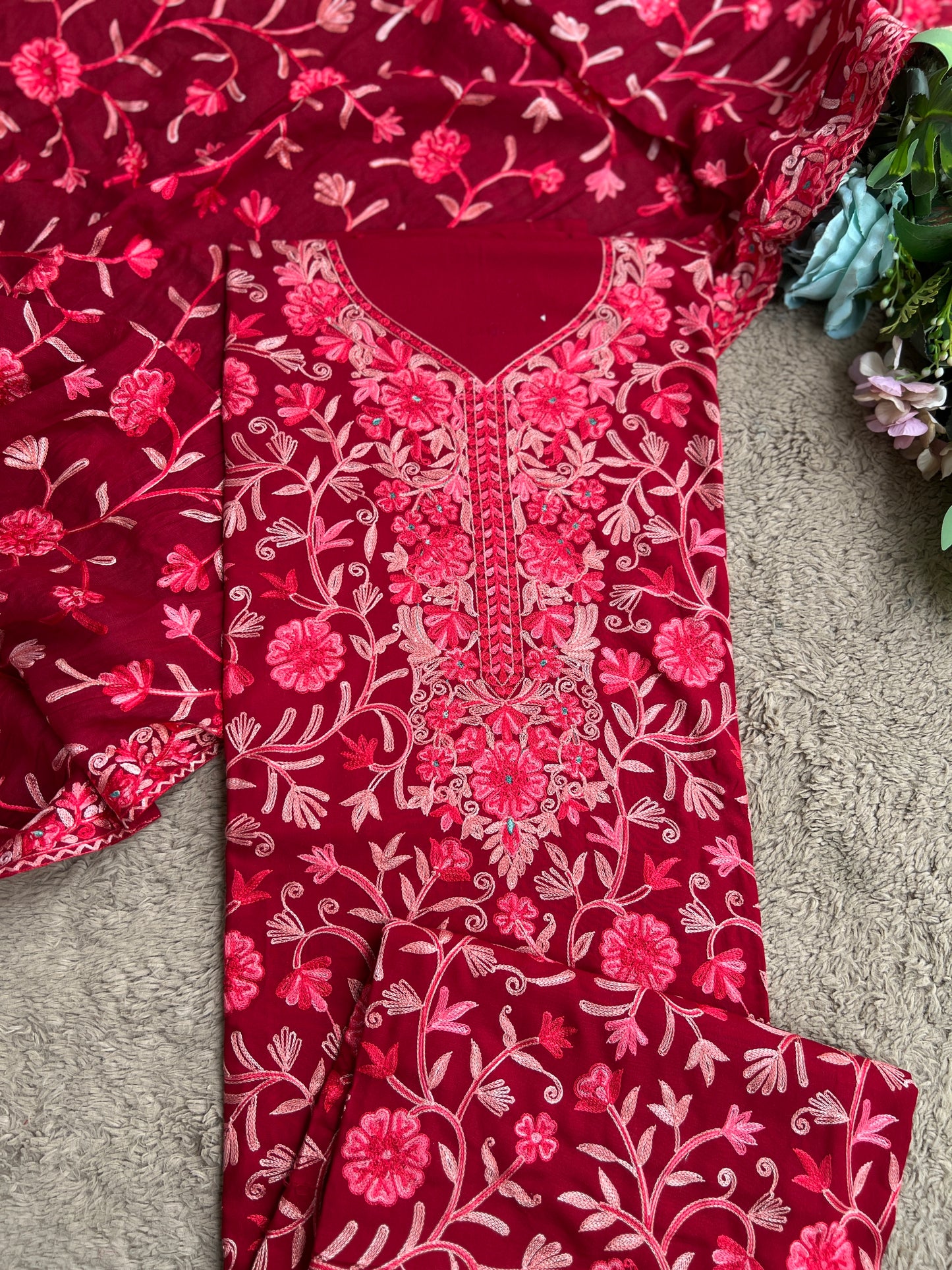 Deep Red Modal Cotton Kashmiri Embroidered Suit with Full Jaal Dupatta