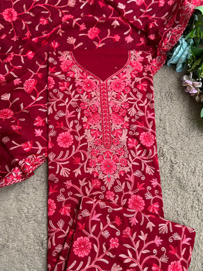 Deep Red Modal Cotton Kashmiri Embroidered Suit with Full Jaal Dupatta
