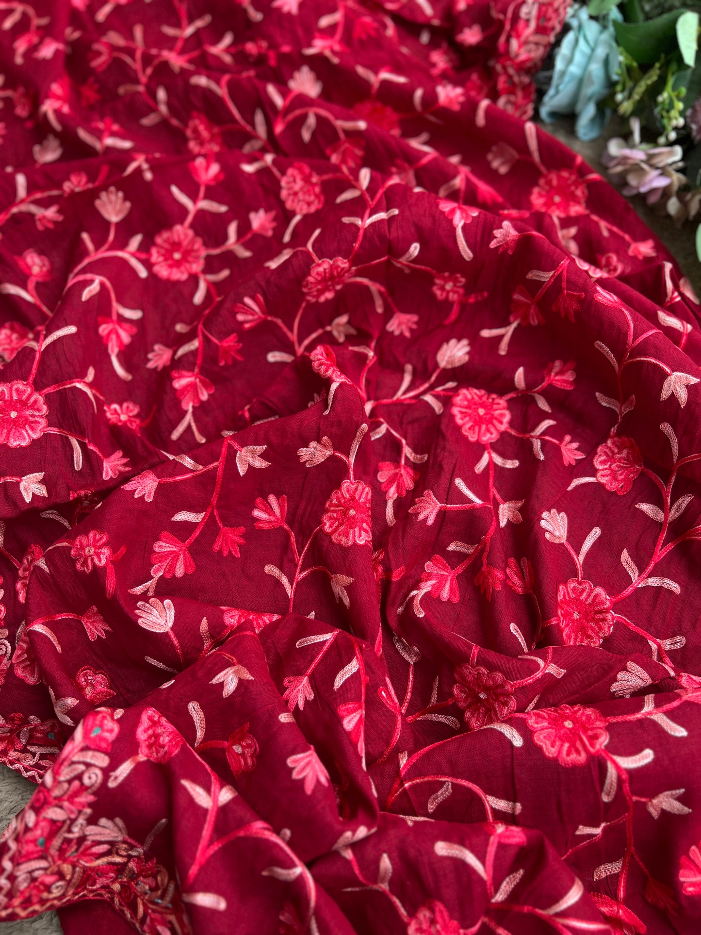 Deep Red Modal Cotton Kashmiri Embroidered Suit with Full Jaal Dupatta