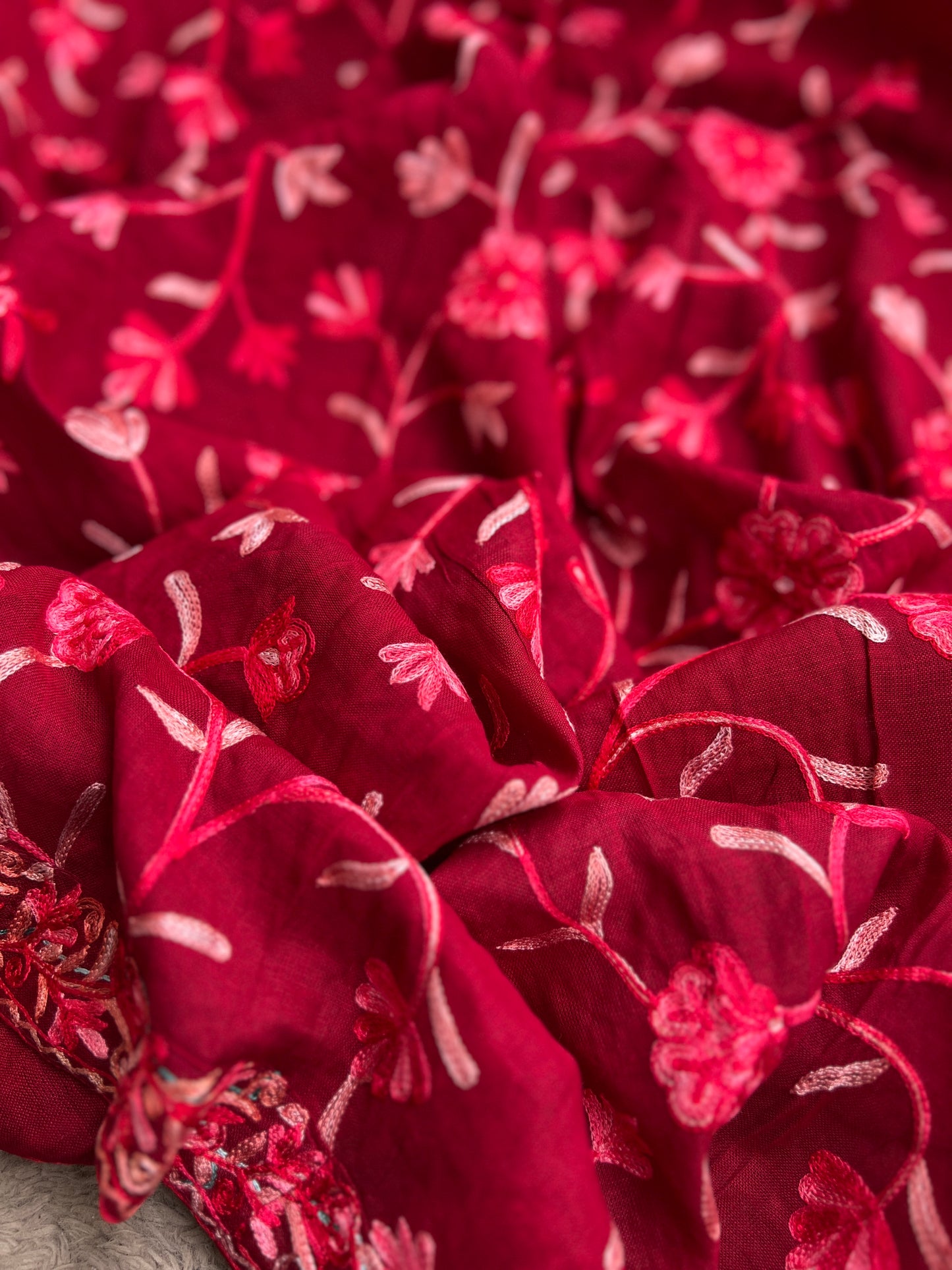 Deep Red Modal Cotton Kashmiri Embroidered Suit with Full Jaal Dupatta