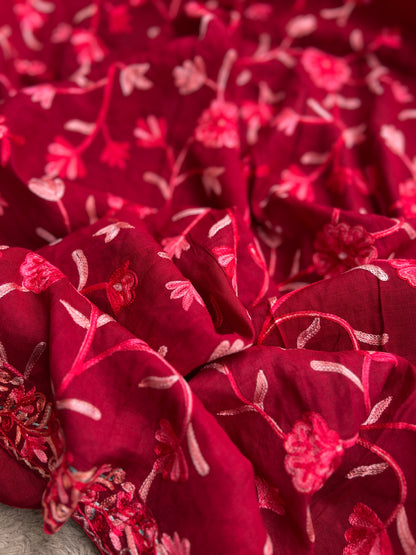 Deep Red Modal Cotton Kashmiri Embroidered Suit with Full Jaal Dupatta