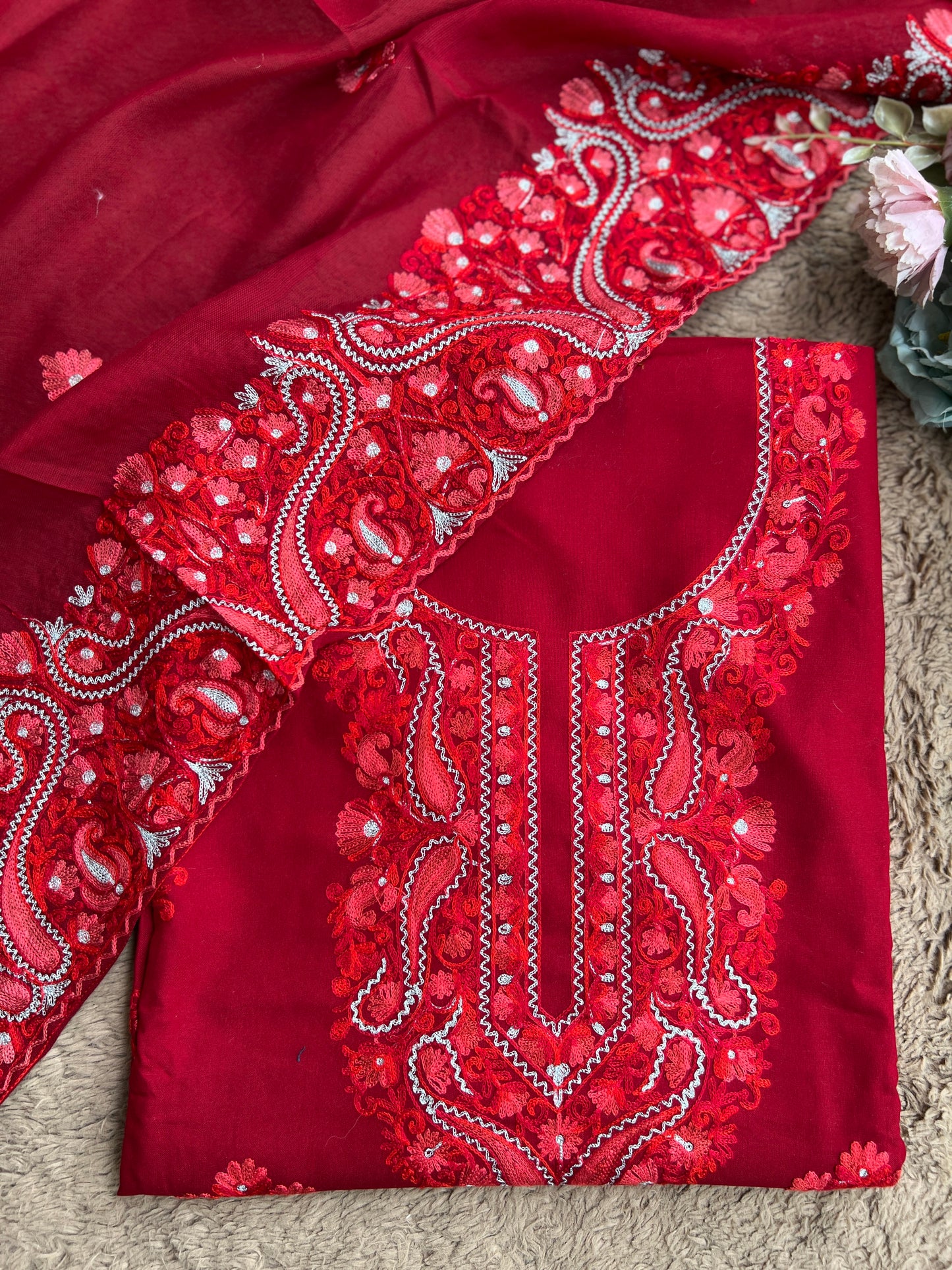 Classic Red Kashmiri Embroidered Modal Cotton Suit Set