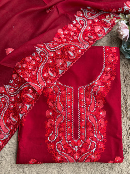 Classic Red Kashmiri Embroidered Modal Cotton Suit Set