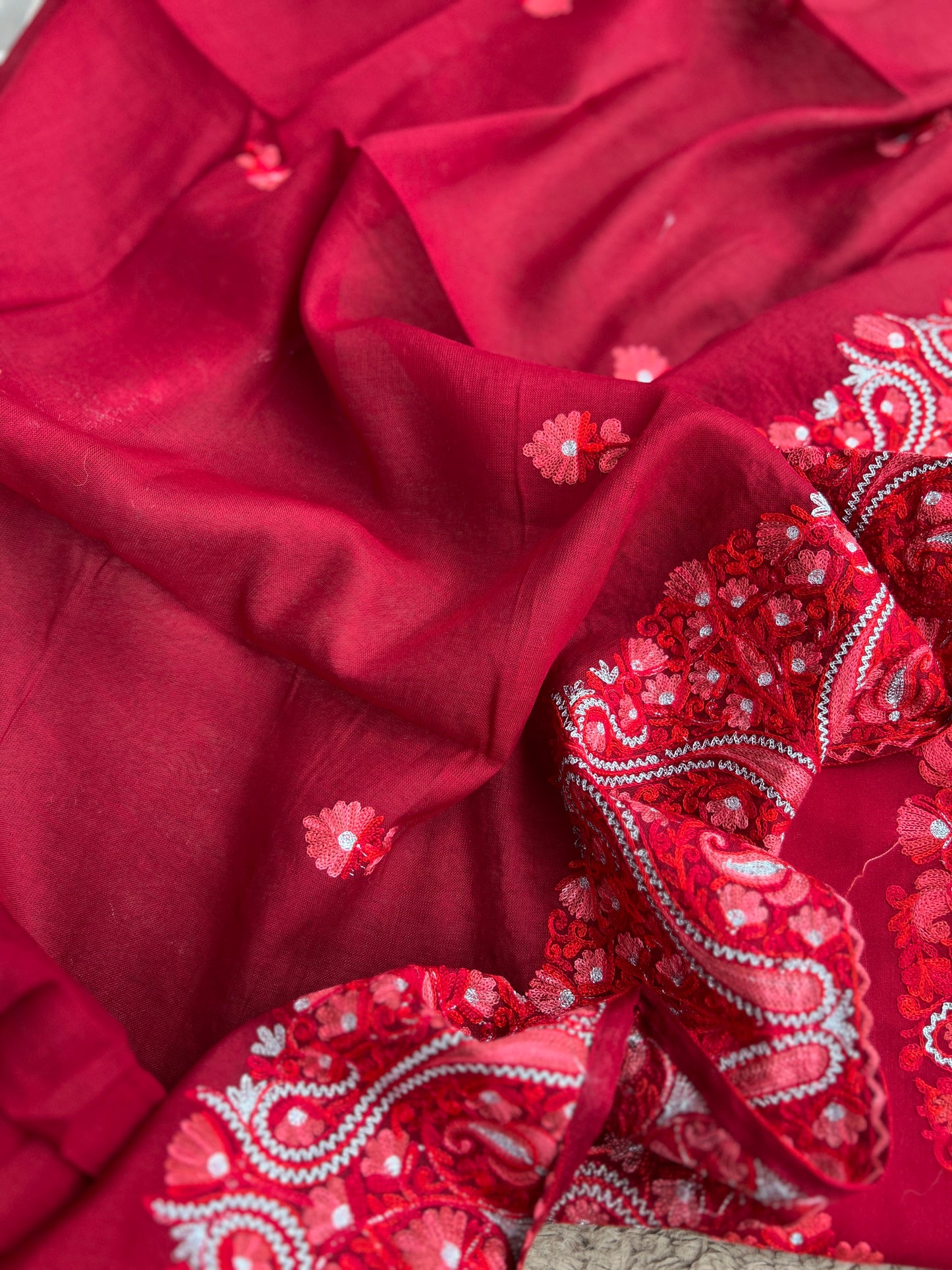 Classic Red Kashmiri Embroidered Modal Cotton Suit Set