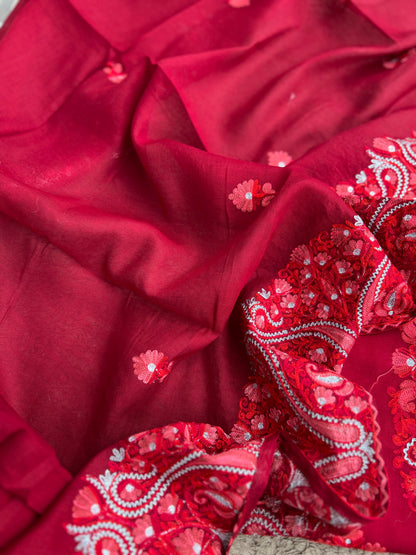Classic Red Kashmiri Embroidered Modal Cotton Suit Set