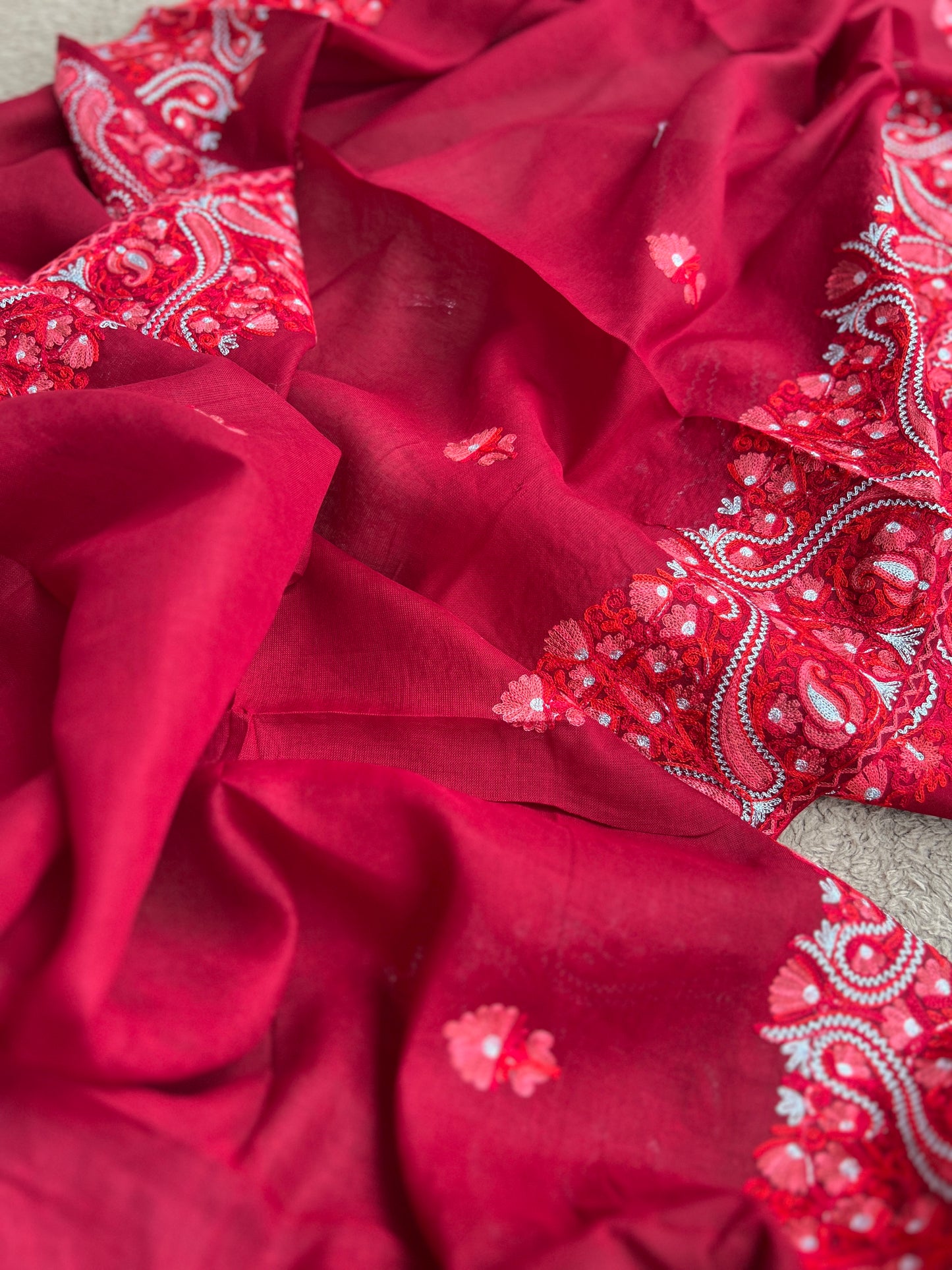 Classic Red Kashmiri Embroidered Modal Cotton Suit Set