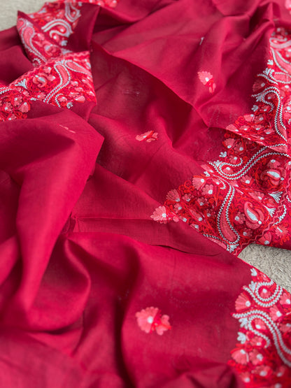 Classic Red Kashmiri Embroidered Modal Cotton Suit Set