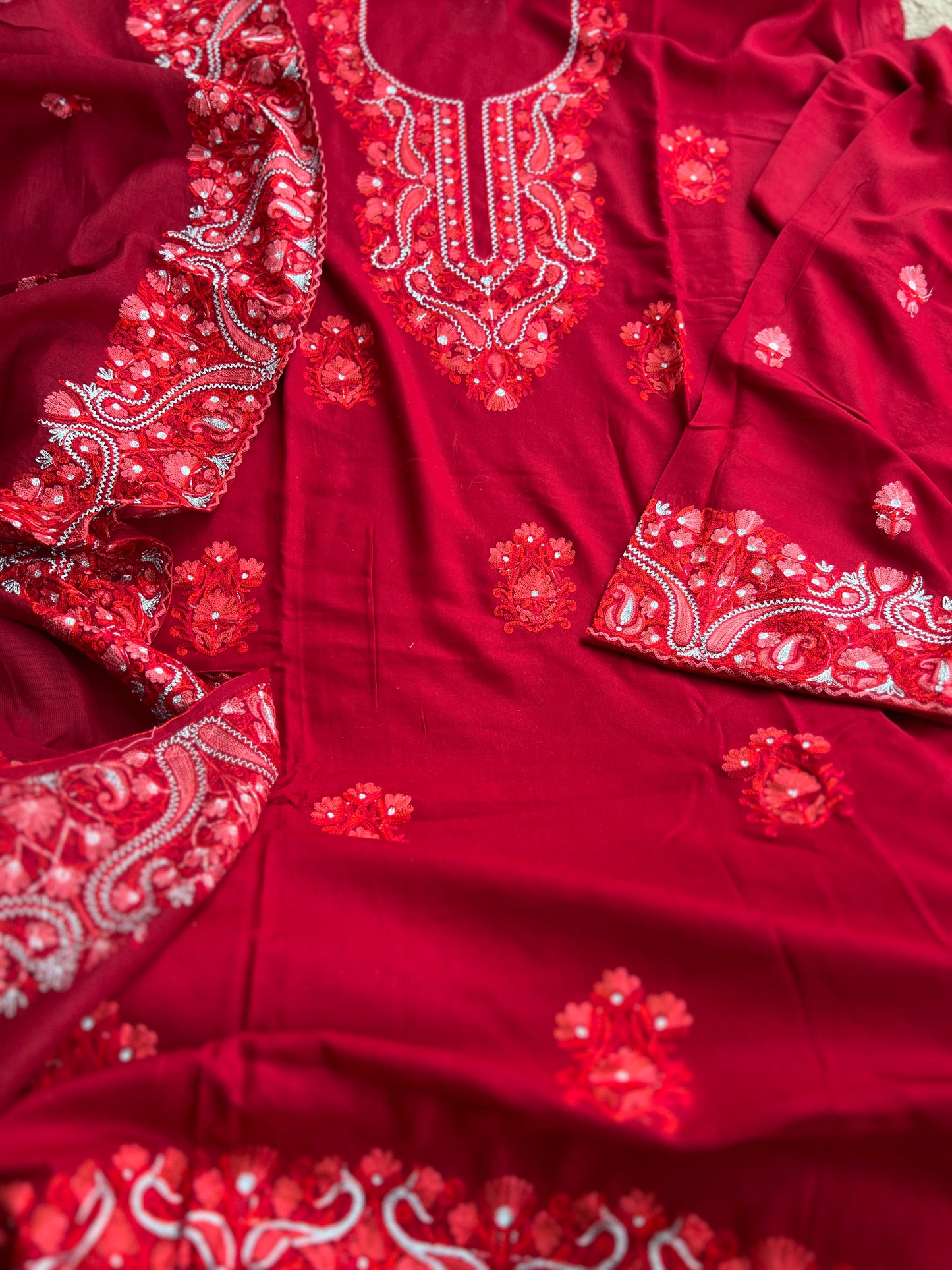 Classic Red Kashmiri Embroidered Modal Cotton Suit Set