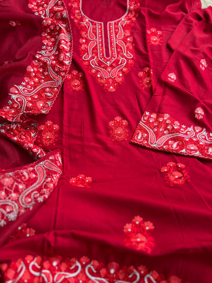 Classic Red Kashmiri Embroidered Modal Cotton Suit Set