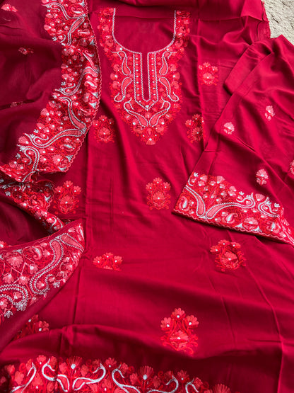 Classic Red Kashmiri Embroidered Modal Cotton Suit Set