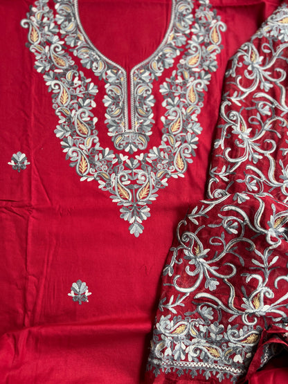 Maroon & Grey Kashmiri Embroidered Suit with Full Jaal Chiffon Dupatta
