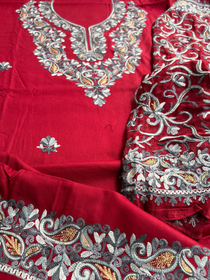 Maroon & Grey Kashmiri Embroidered Suit with Full Jaal Chiffon Dupatta