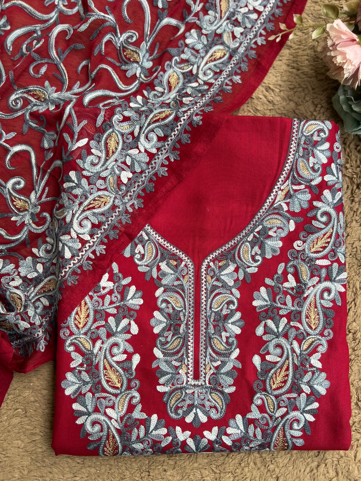 Maroon & Grey Kashmiri Embroidered Suit with Full Jaal Chiffon Dupatta