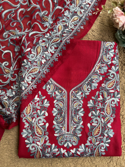 Maroon & Grey Kashmiri Embroidered Suit with Full Jaal Chiffon Dupatta
