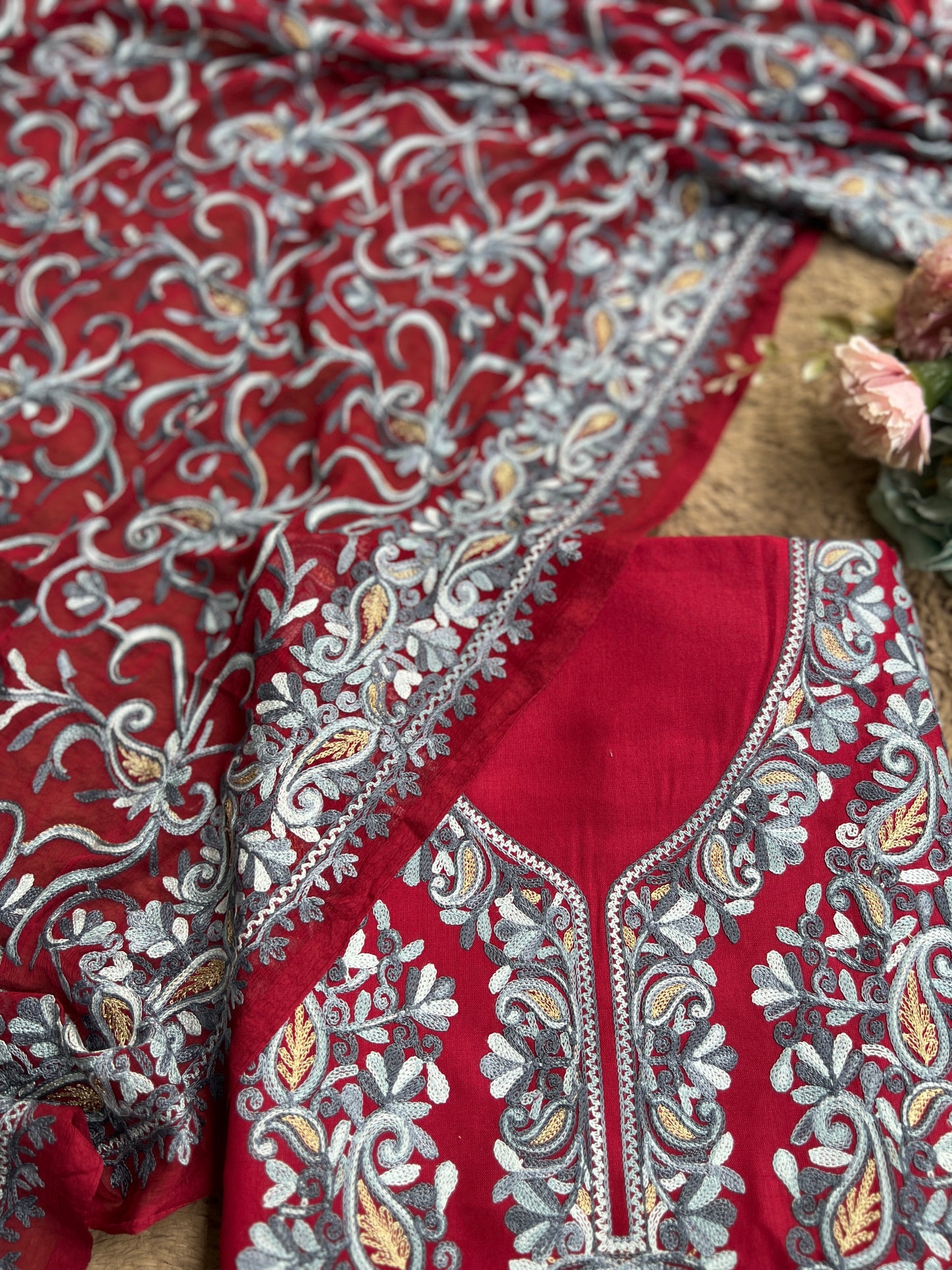 Maroon & Grey Kashmiri Embroidered Suit with Full Jaal Chiffon Dupatta