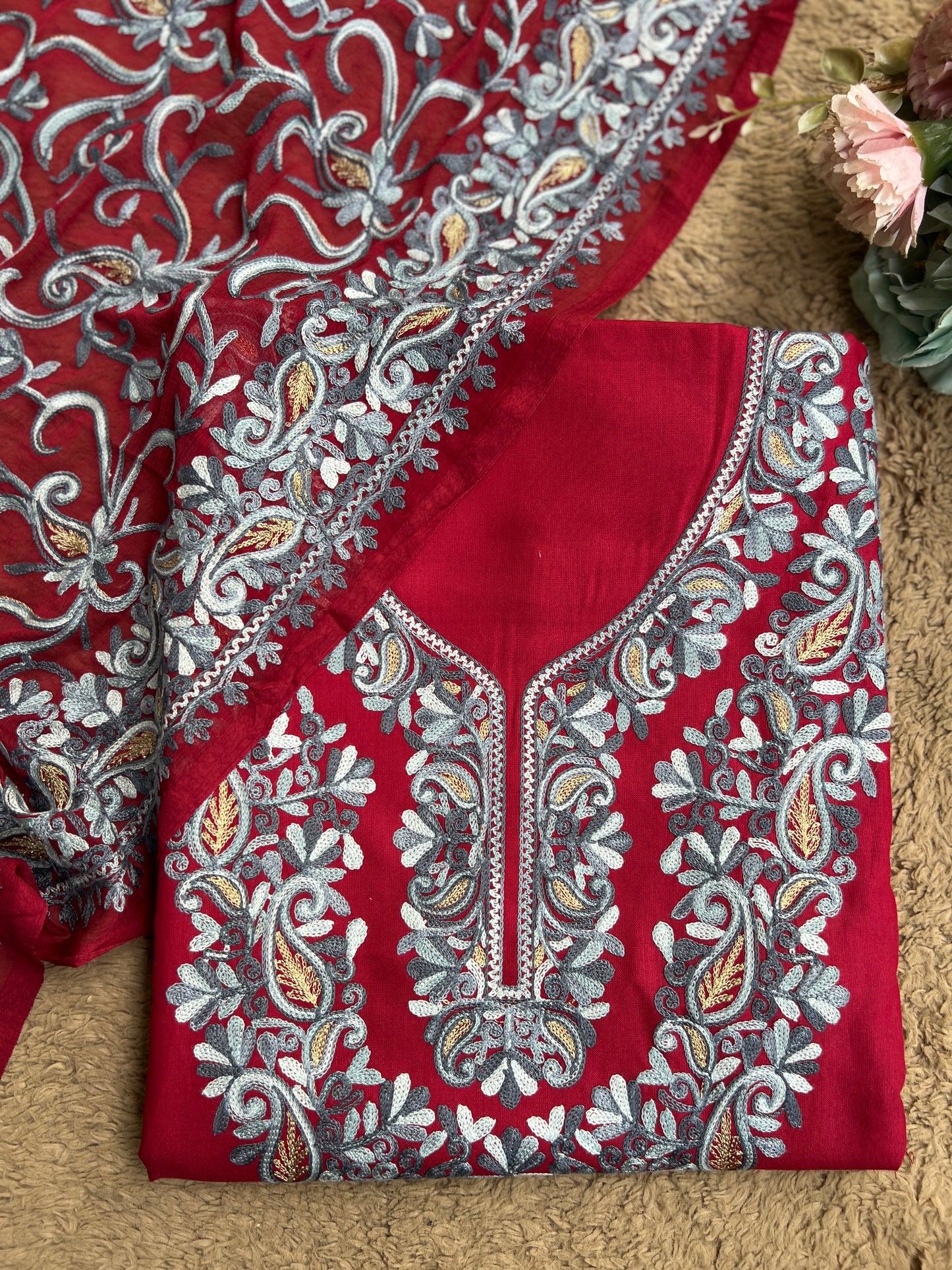 Maroon & Grey Kashmiri Embroidered Suit with Full Jaal Chiffon Dupatta