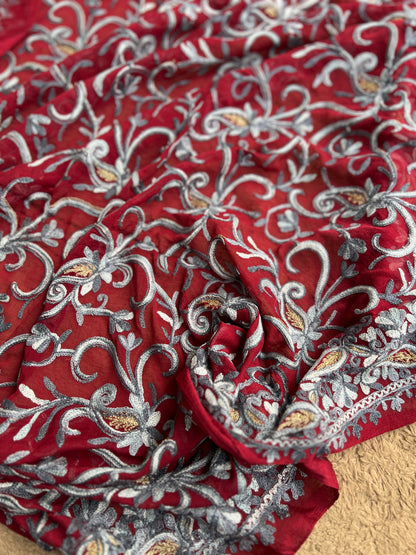 Maroon & Grey Kashmiri Embroidered Suit with Full Jaal Chiffon Dupatta