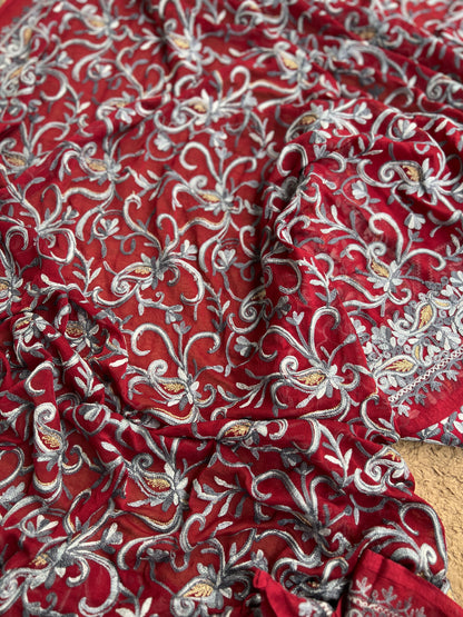 Maroon & Grey Kashmiri Embroidered Suit with Full Jaal Chiffon Dupatta