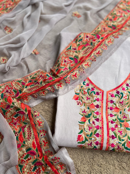 Light Grey Multicolor Embroidered Modal Cotton Suit Set