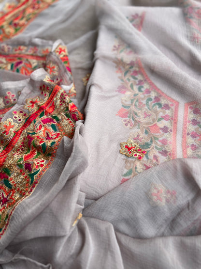 Light Grey Multicolor Embroidered Modal Cotton Suit Set