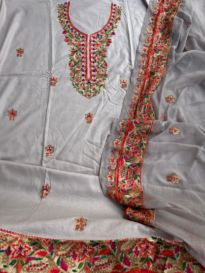 Light Grey Multicolor Embroidered Modal Cotton Suit Set