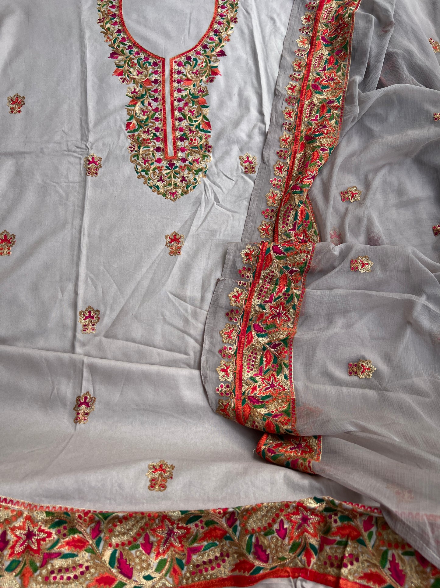 Light Grey Multicolor Embroidered Modal Cotton Suit Set