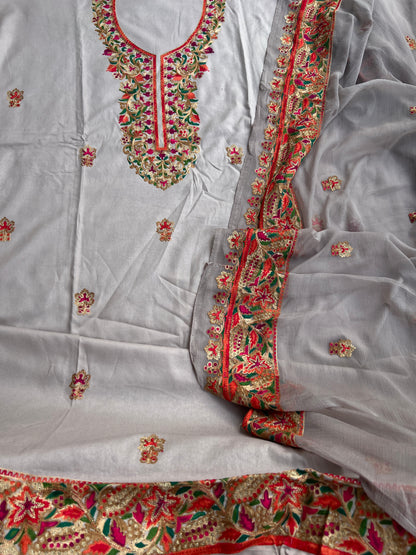 Light Grey Multicolor Embroidered Modal Cotton Suit Set