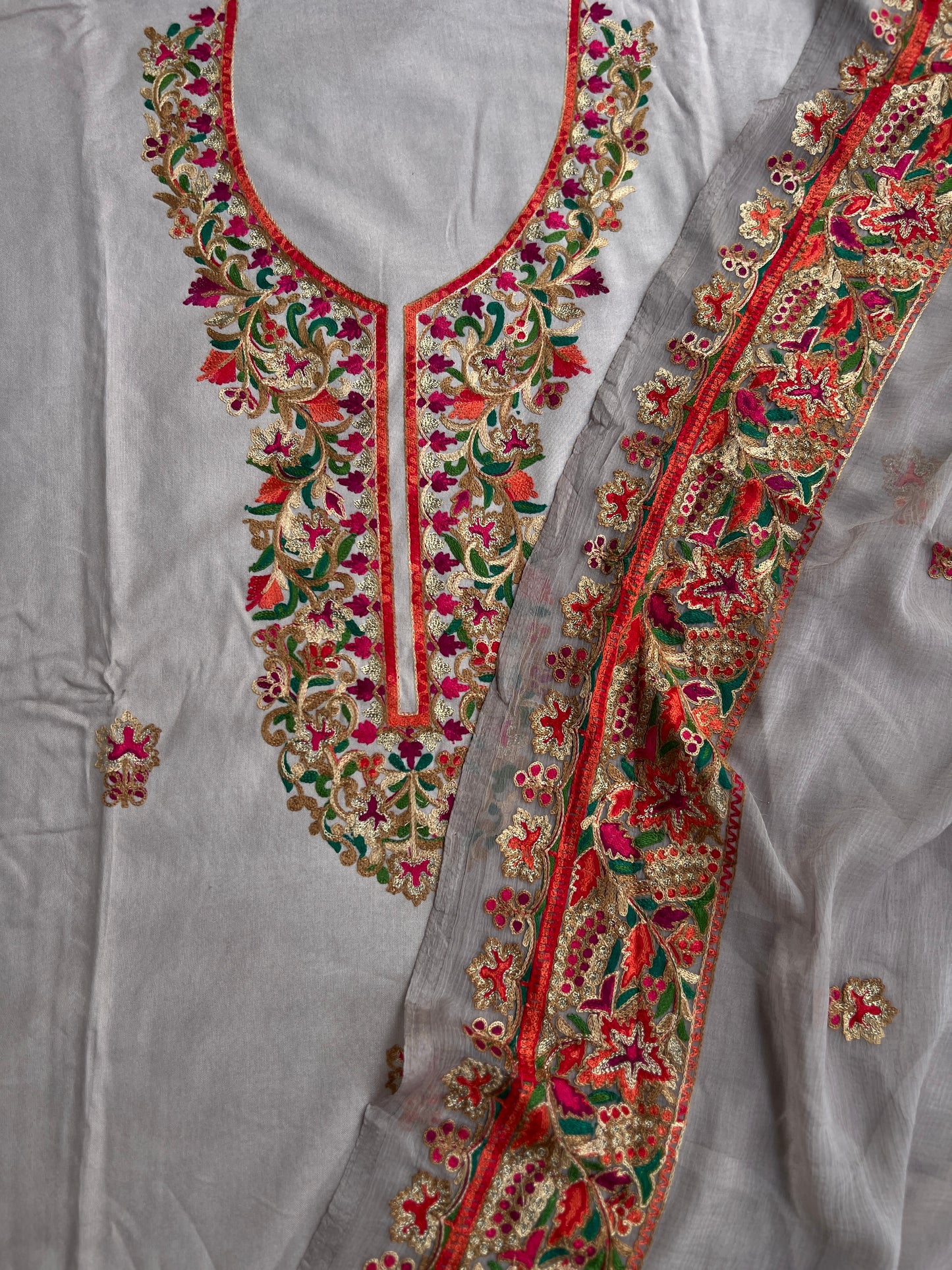 Light Grey Multicolor Embroidered Modal Cotton Suit Set