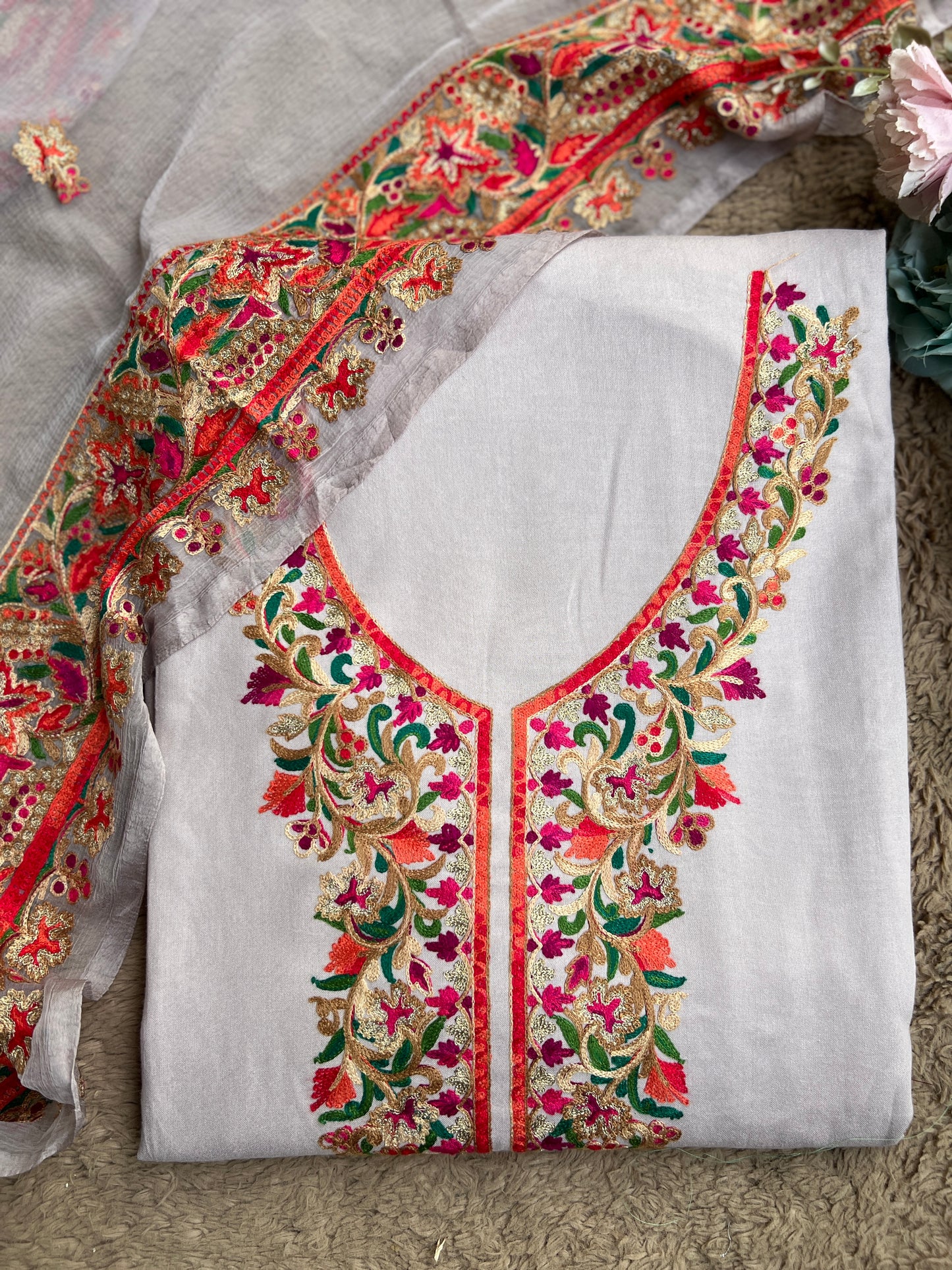 Light Grey Multicolor Embroidered Modal Cotton Suit Set