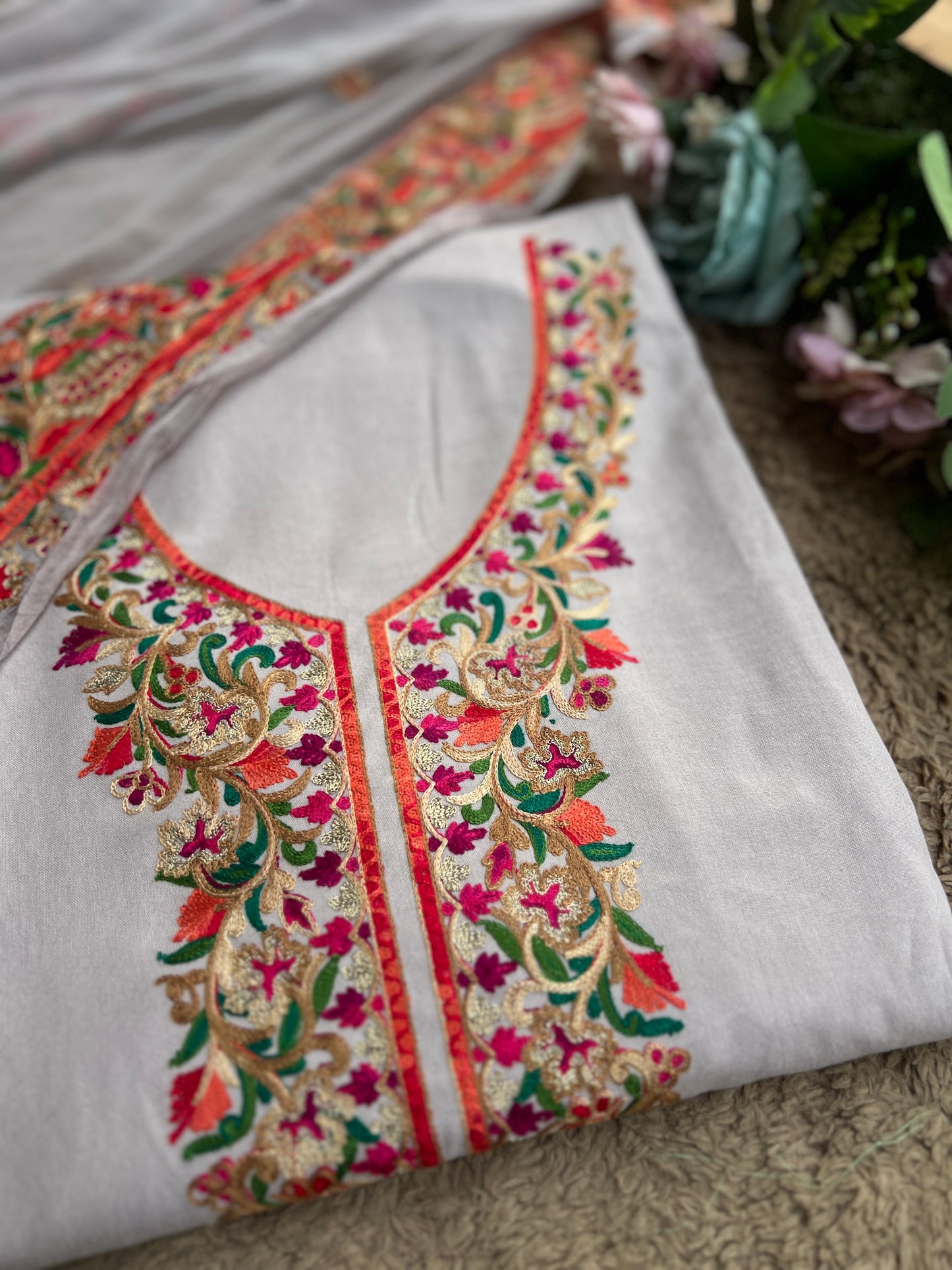 Light Grey Multicolor Embroidered Modal Cotton Suit Set