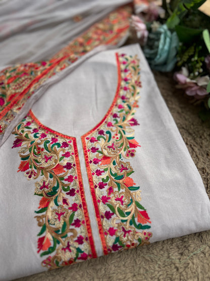 Light Grey Multicolor Embroidered Modal Cotton Suit Set
