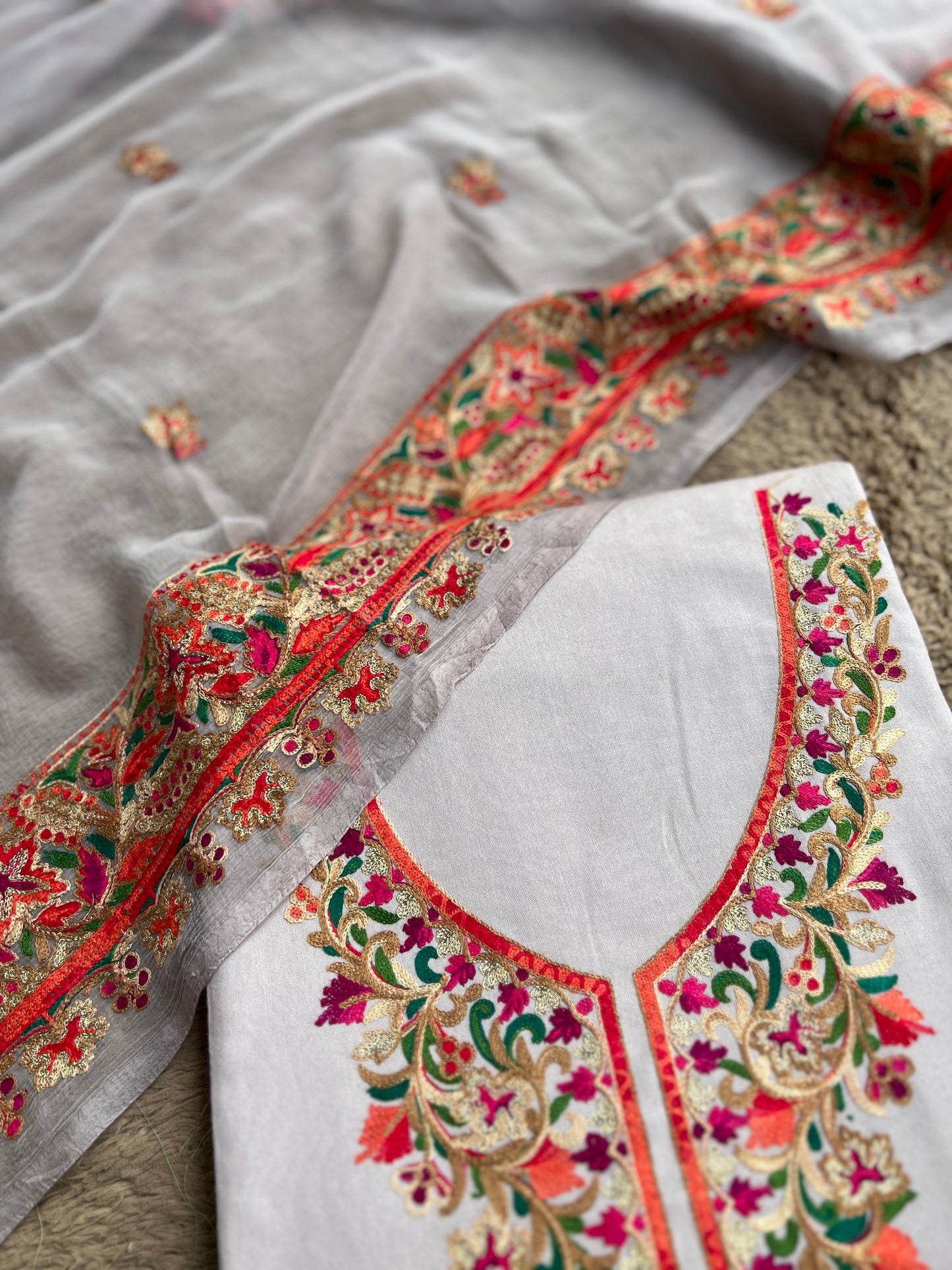 Light Grey Multicolor Embroidered Modal Cotton Suit Set