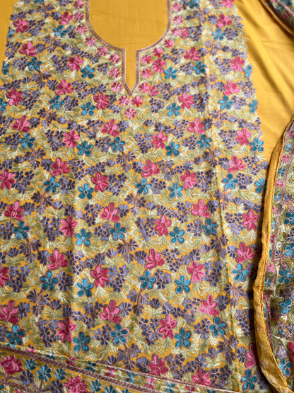 Sunflower Yellow Kashmiri Embroidered Modal Cotton Suit Set
