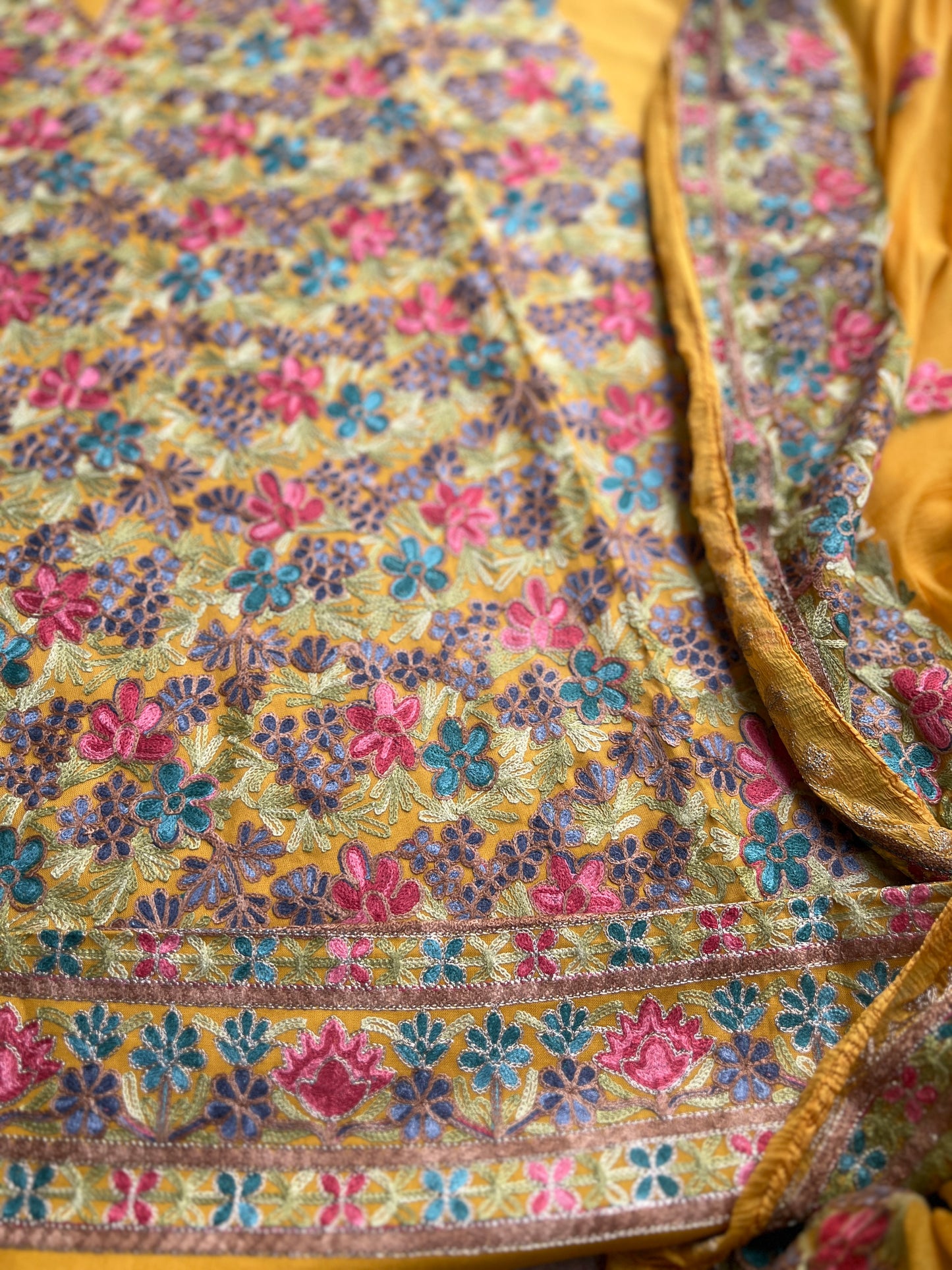 Sunflower Yellow Kashmiri Embroidered Modal Cotton Suit Set