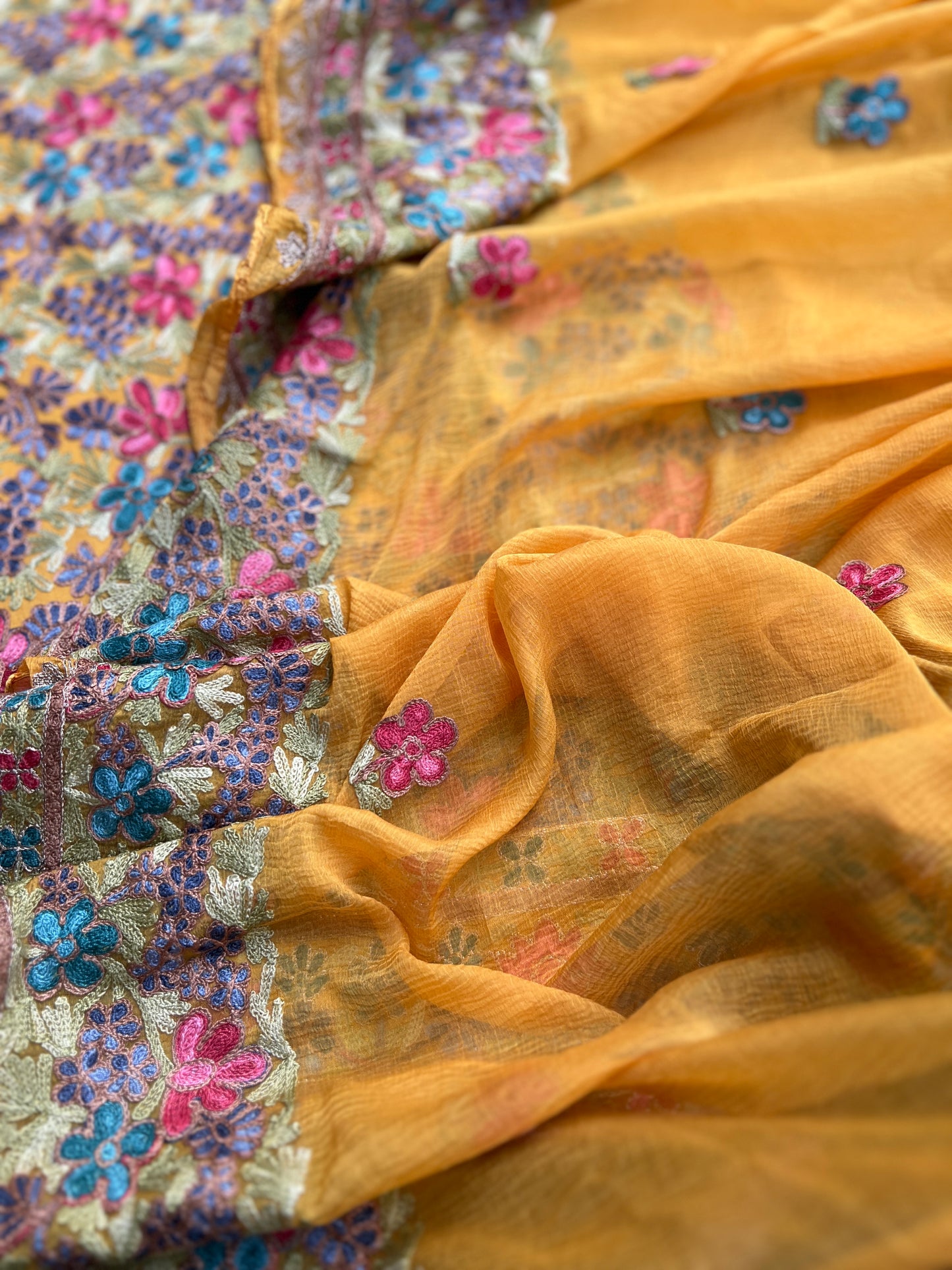 Sunflower Yellow Kashmiri Embroidered Modal Cotton Suit Set