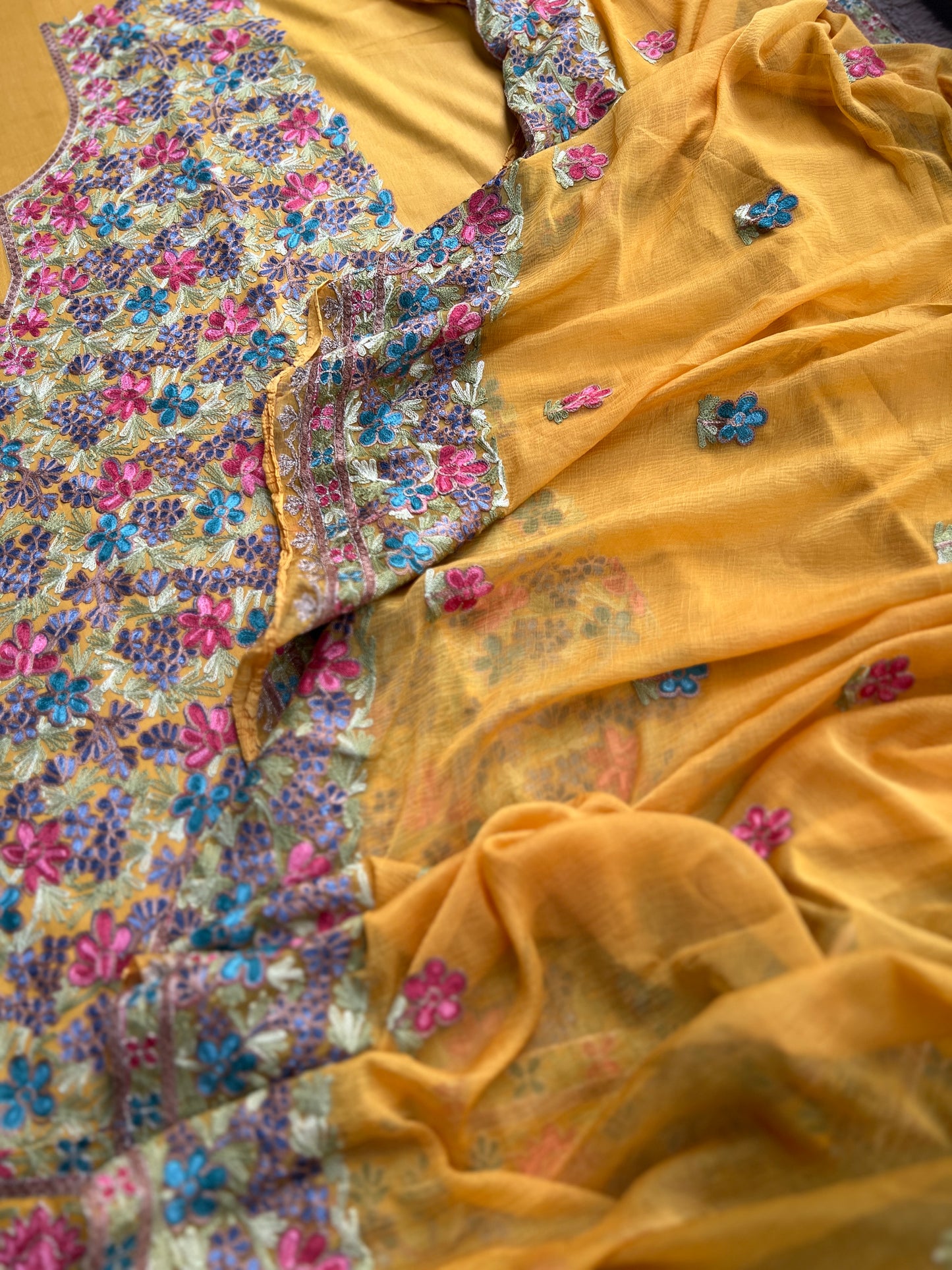 Sunflower Yellow Kashmiri Embroidered Modal Cotton Suit Set