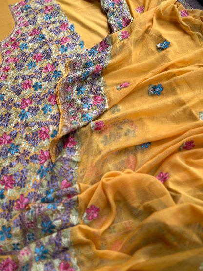 Sunflower Yellow Kashmiri Embroidered Modal Cotton Suit Set