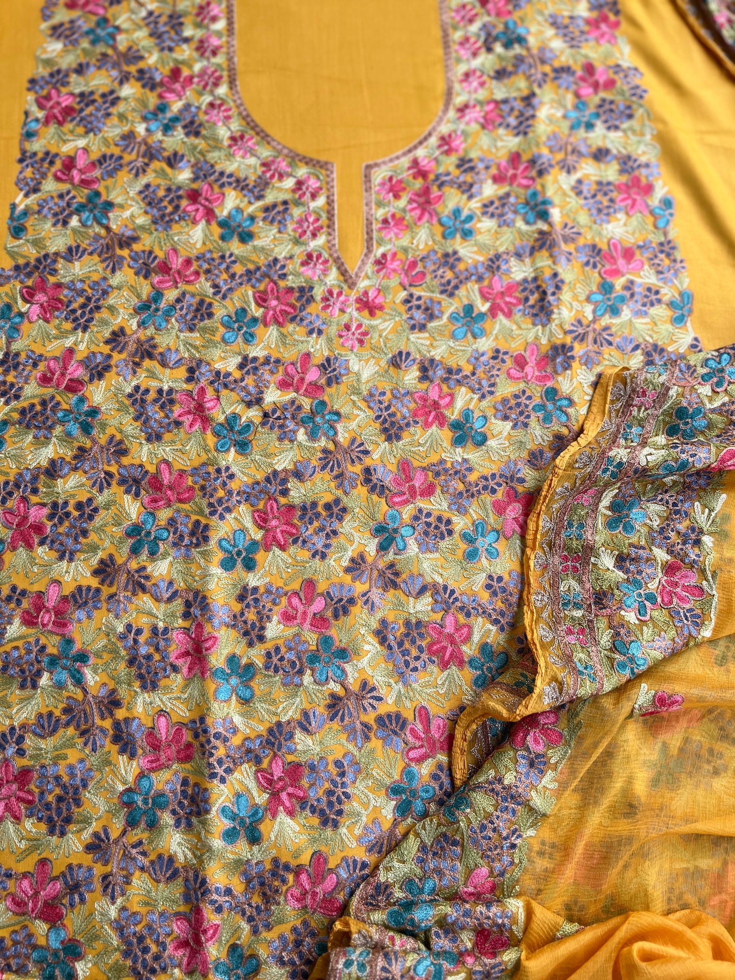 Sunflower Yellow Kashmiri Embroidered Modal Cotton Suit Set