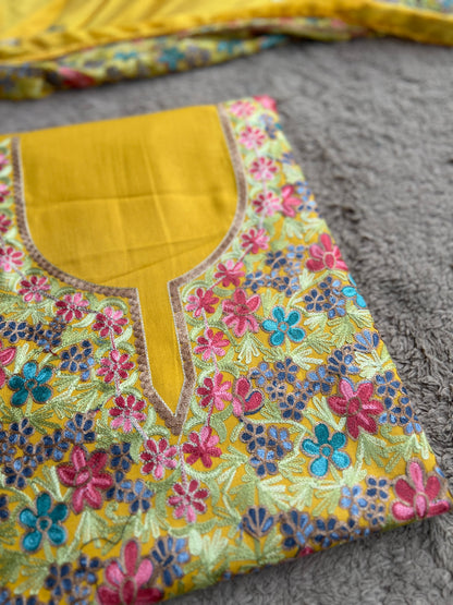Sunflower Yellow Kashmiri Embroidered Modal Cotton Suit Set